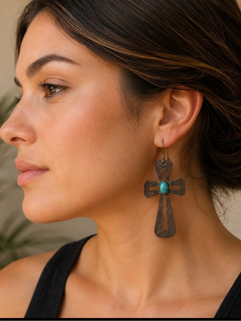 Sterling Silver Genuine Turquoise Cross Dangle Earrings | Hammered Oxidized